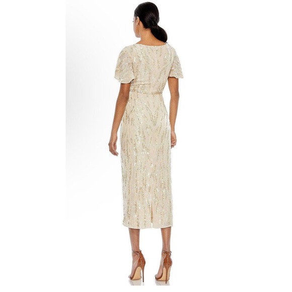 MAC DUGGAL 93591 SEQUINED V-NECK FLUTTER SLEEVE TEA LENGTH OYSTER SHEAT DRESS 4 - Picture 2 of 11